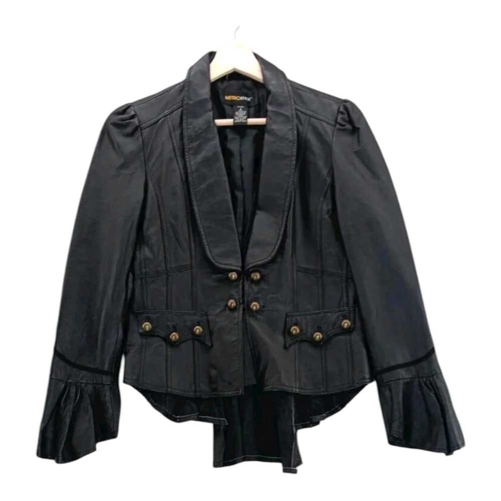 Vintage Y2K black leather tuxedo tail jacket w bell sleeves brass buttons sz 8